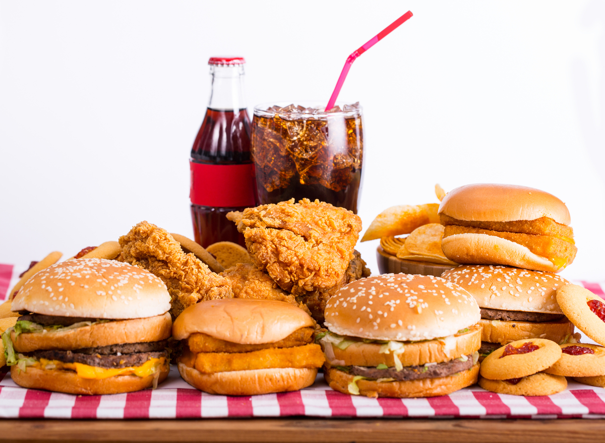 assortment of fast food and soft drinks