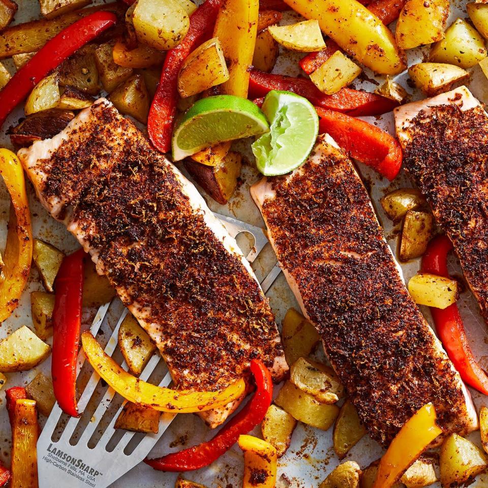 Grilled Chili Lime Salmon with Potatoes &  &  Peppers