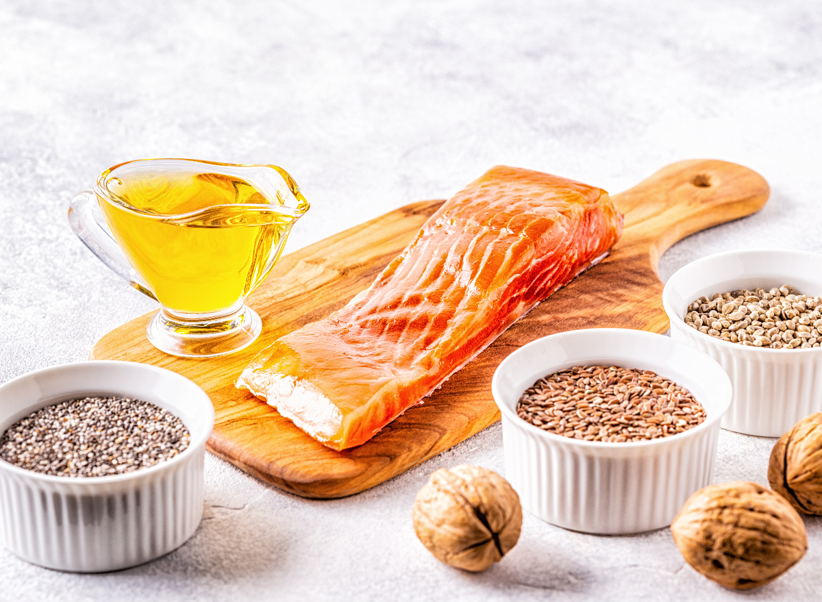 omega-3 foods: salmon, flaxseeds, hemp seeds, chia seeds, walnuts, and flaxseed oil