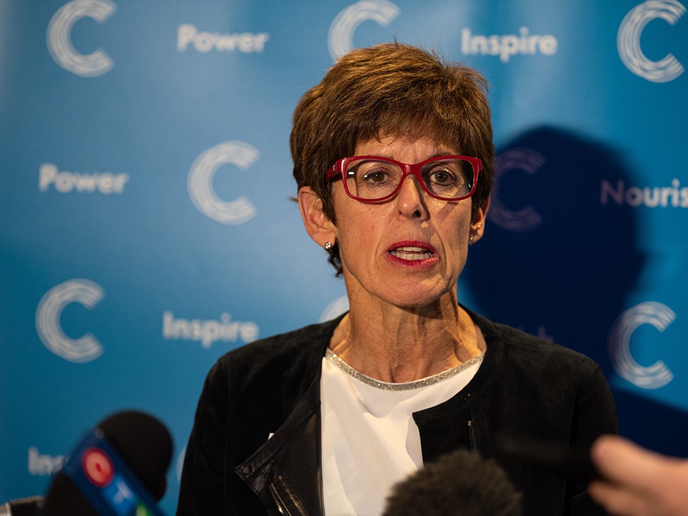 Calgary Chamber Executive Director Deborah Yedlin speaks to the media after a question and answer event with Mayor Jyoti Gondek hosted by the Calgary Chamber at the Hyatt Regency Calgary on Friday, November 19, 2021.