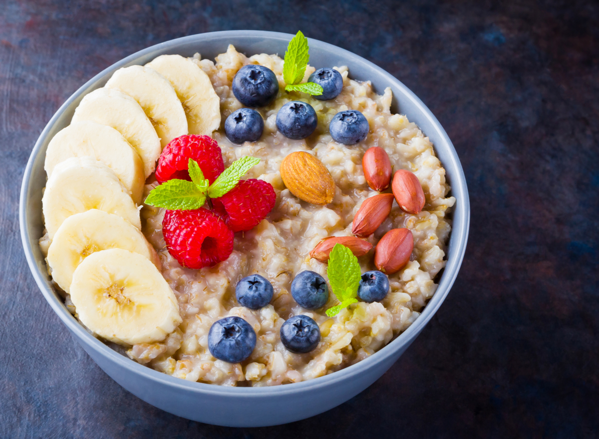 oatmeal with blueberries, bananas and raspberries