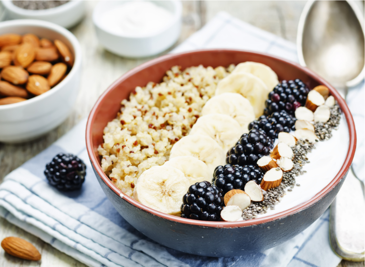 yogurt with fruits, almonds, chia seeds and quinoa