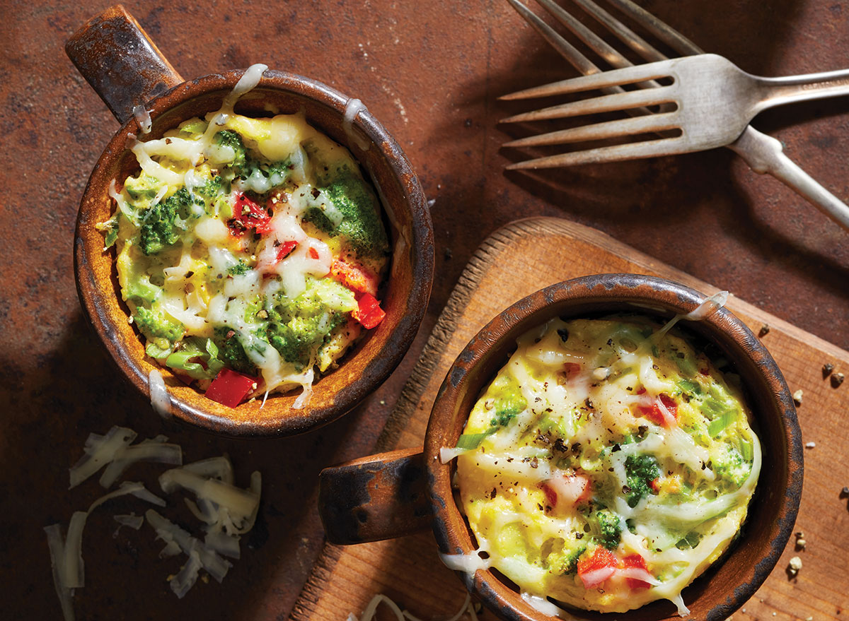 broccoli cheese eggs in cups with forks