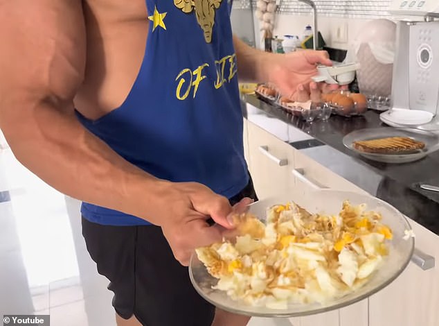 The influencer fries the eggs and adds a pinch of Himalayan pink salt, which he claims is his 'secret' ingredient that helps prevent bloating.