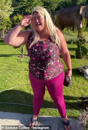 Work it: The TOWIE star, 41, wore figure-hugging plum-colored leggings and a leopard-print vest as she lifted a kettlebell and offered words of encouragement to her 2.2 million followers