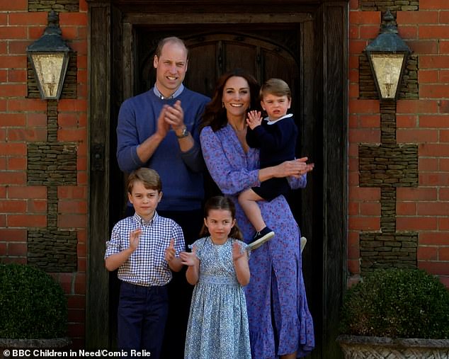 The mother of three has focused on early years support and mental health in her royal career.  She is pictured with Prince William and his children Prince Louis, right, Princess Charlotte, 7, and Prince Louis, 4.