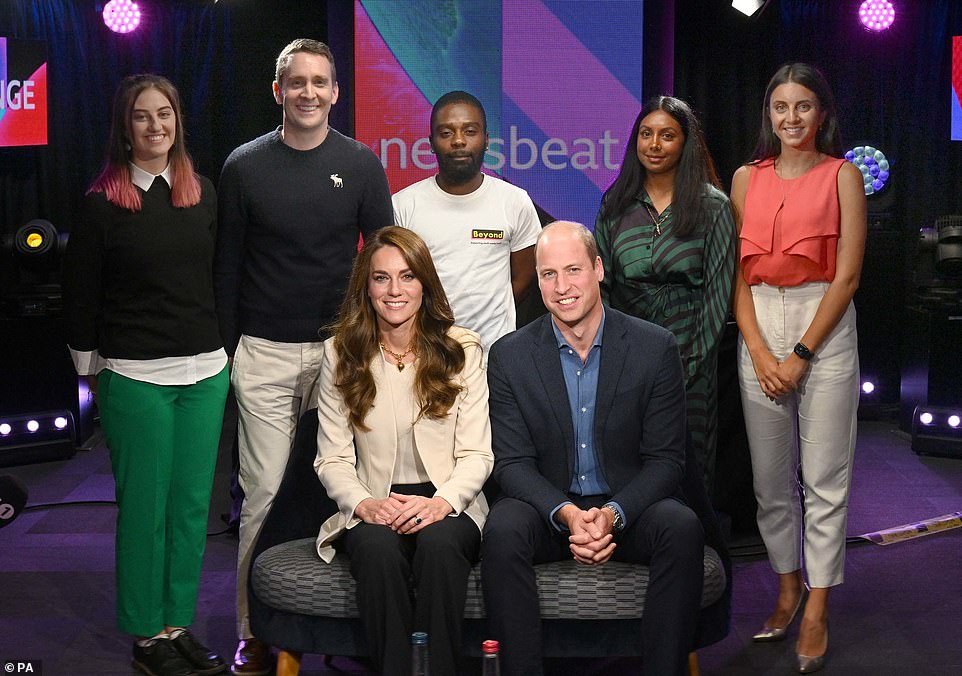 The Prince and Princess of Wales pictured with Emma Hardwell, Ben Cowley, Antonio Ferreria, Dr Abigail Miranda and Pria Rai in a photograph taken to mark their special programme for BBC Radio 1's Newsbeat for World Mental Health Day yesterday