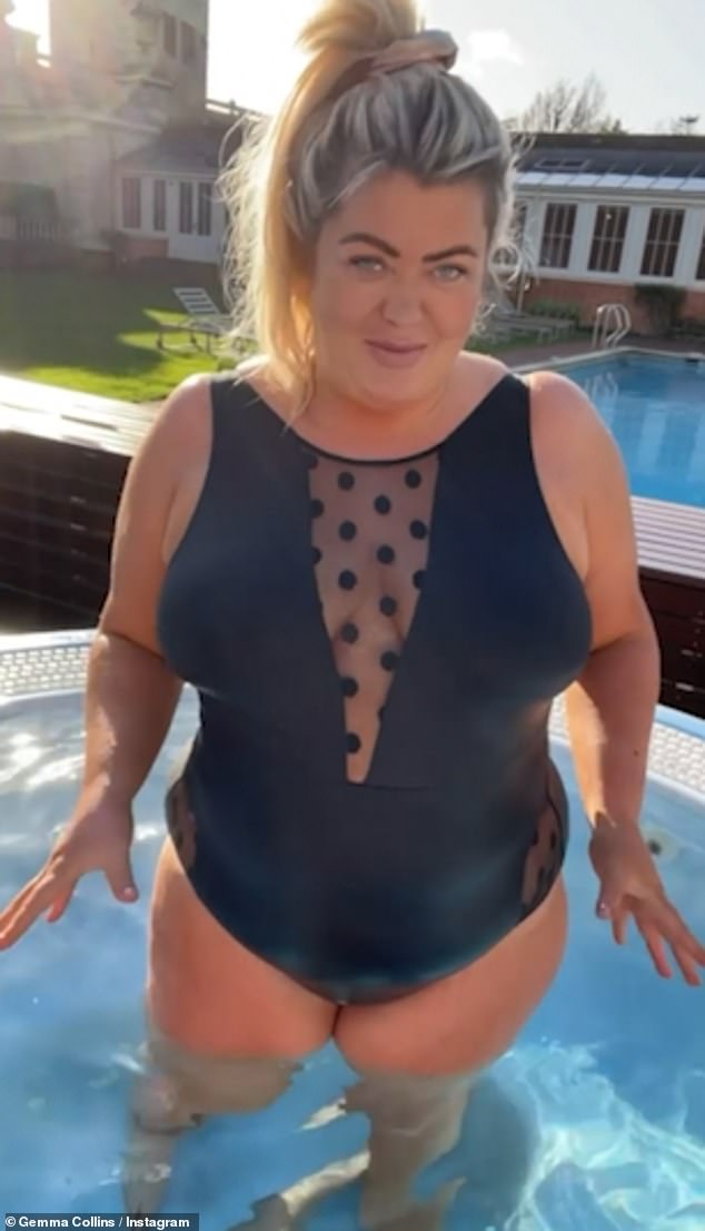 Wow: Gemma Collins showed off her 3.5st weight loss in a plunging black swimsuit as she celebrated turning 41 on Monday